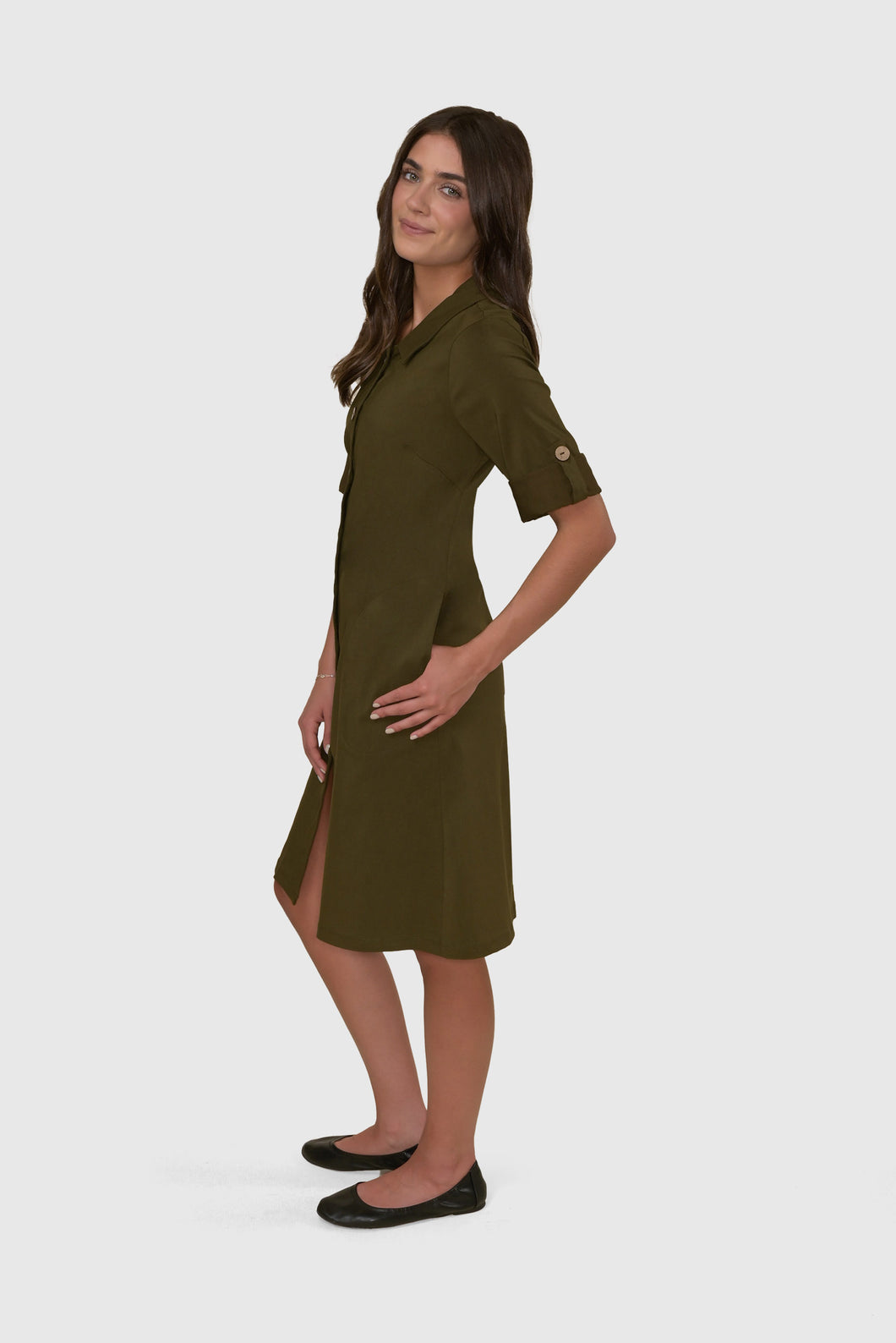 Millennium Button Front Roll Tab Shirt Dress