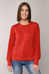 Pleated Sleeve Lurex Crew Neck Sweater - Red