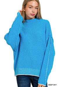 Oversized Mock Neck Raw Seam Chenille Sweater