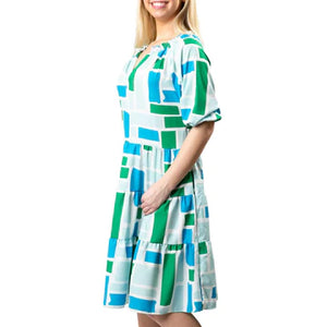 Elise Dress Turquoise Green & Blue Blocks