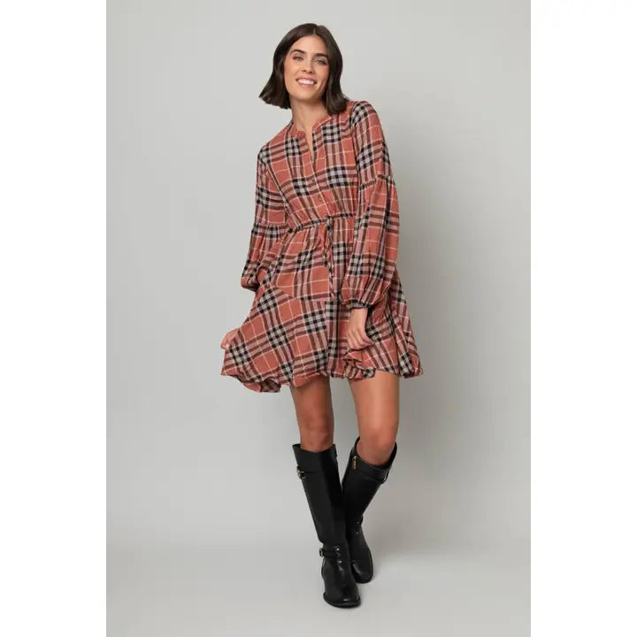 Balloon Sleeve Plaid Henley