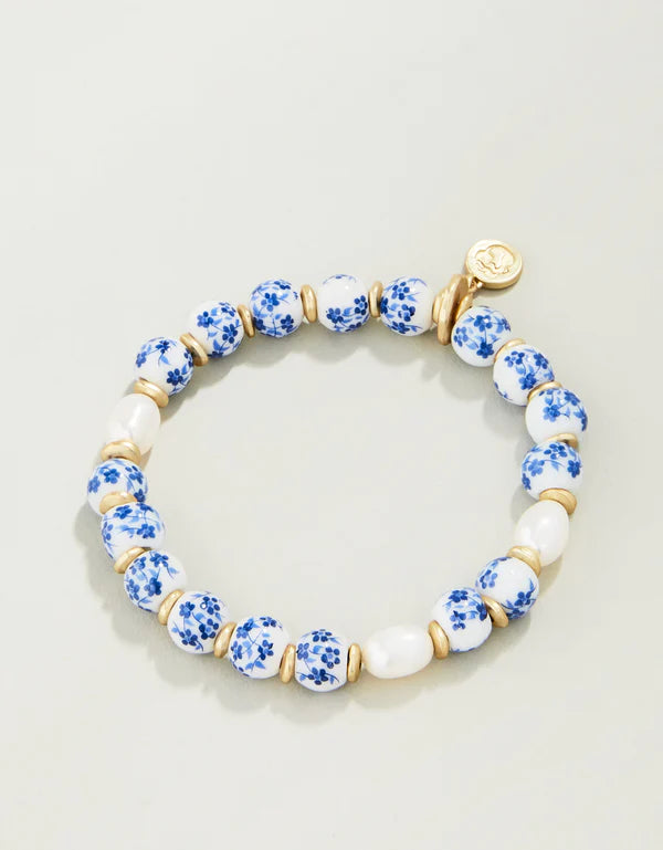 Ceramic Bead Stretch Bracelet Blue Flowers