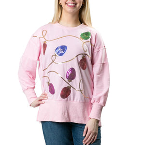 Holiday Sweatshirt-Pink With Holiday Lights