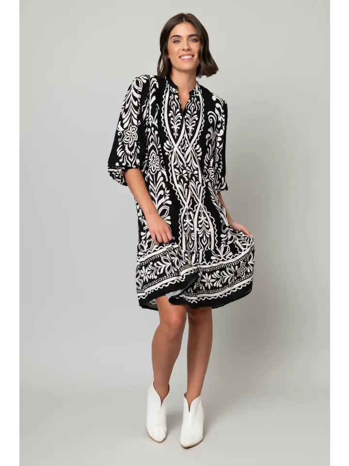 Challis Button Front Ruffle Hem Dress Black & White