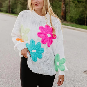 White Floral Stitched Sweater