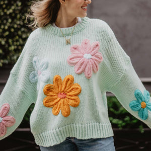 Mint Floral Stitched Sweater