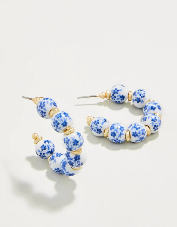 Annabelle Beaded Hoop Earrings-Blue Flowers