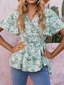 Green Floral V Neck Babydoll Top