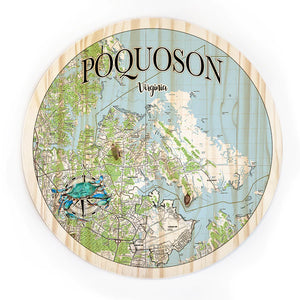 18" Wooden Circle Poquoson Map With Crab